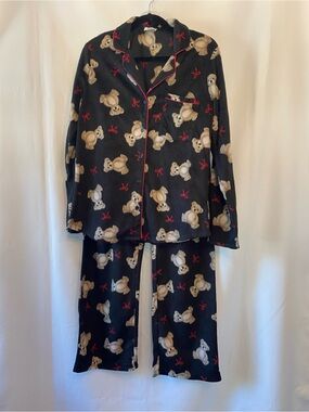 Womens Plush Fleece Menswear Inspired Teddy Bear 2 Pc Pajama Set Button Front M